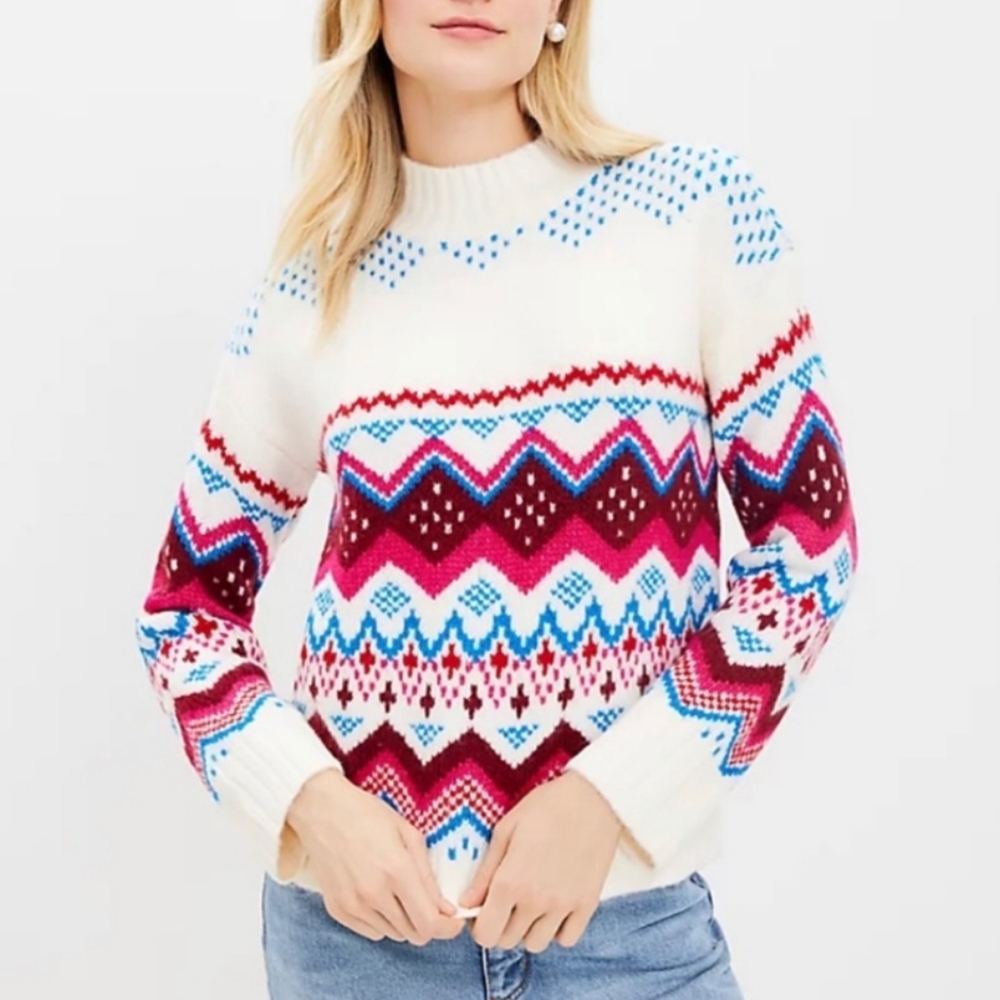 NWT LOFT Fair Isle Saddle Sleeve Mock Neck Sweater